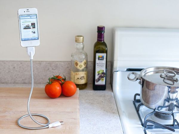 Flexible iPhone Stand and Charger - Rugged Stainless steel charging cable doubles as a phone mount