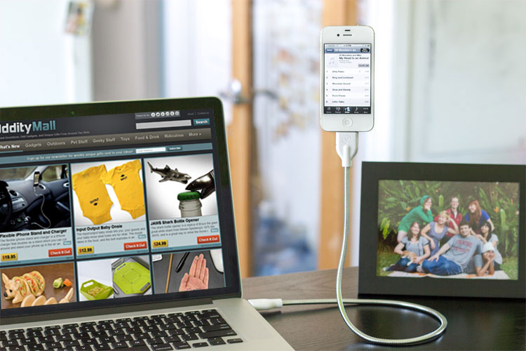 Flexible iPhone Stand and Charger - Rugged Stainless steel charging cable doubles as a phone mount