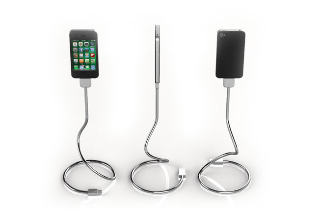 Flexible iPhone Stand and Charger - Rugged Stainless steel charging cable doubles as a phone mount