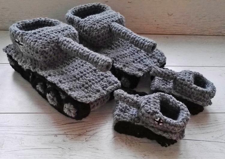 Crochet Tank Slippers - Funny tank shaped knit slippers - Father son tank slippers