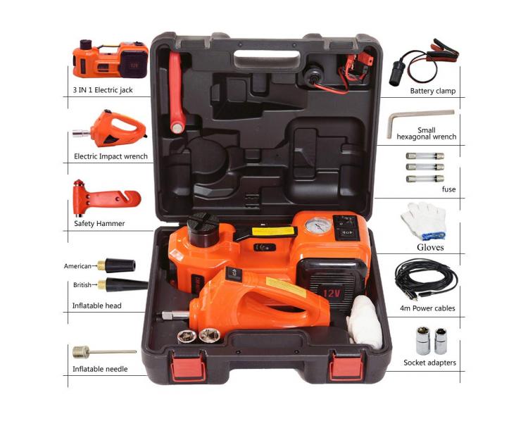 3-in-1 electric car jack, impact wrench, tire inflator, flashlight - Multipurpose emergency car jack gadget