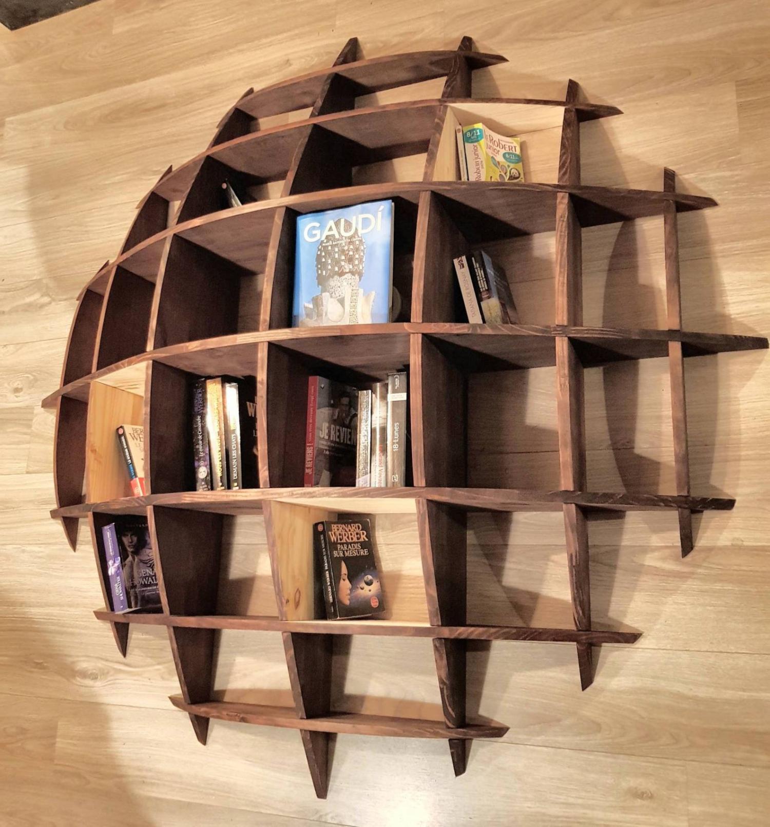 3D Sphere Bookshelf Looks Like It's Sinking Into Your Wall - Curved Circular Wooden Bookshelf