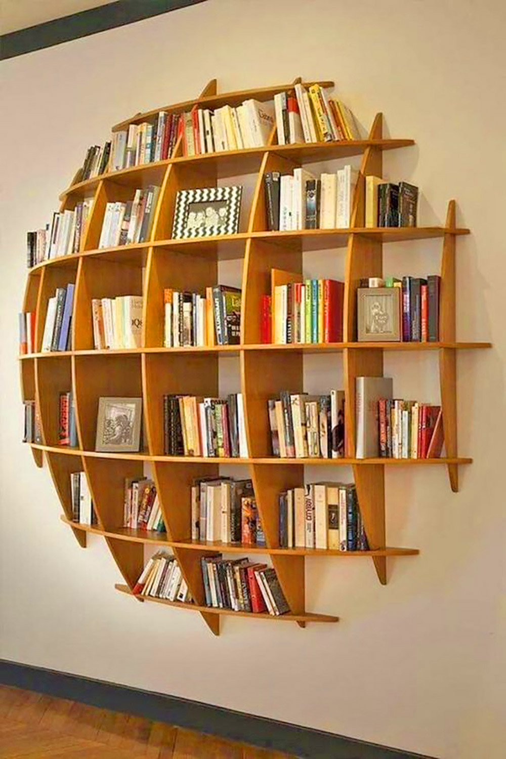 3D Sphere Bookshelf Looks Like It's Sinking Into Your Wall - Curved Circular Wooden Bookshelf
