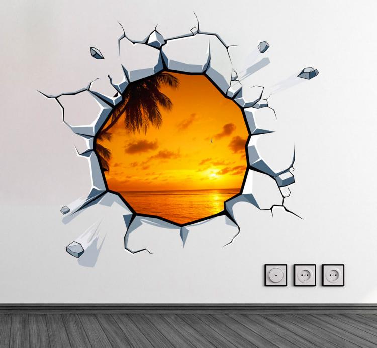 3D Wall Sticker Decals - 3D Wallpaper - 3D Sunset View Wall Sticker - Coming through wall decal