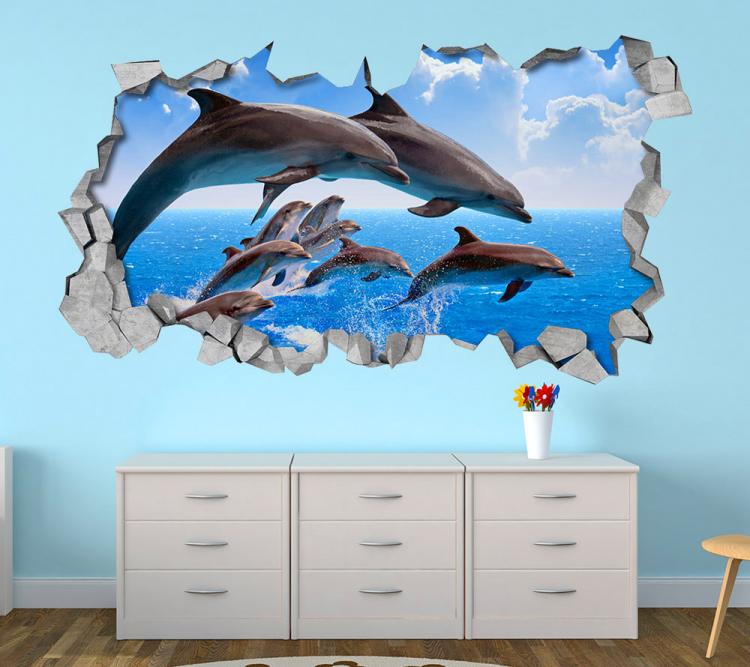 3D Wall Sticker Decals - 3D Wallpaper - 3D Jumping Dophins Wall Sticker - Coming through wall decal