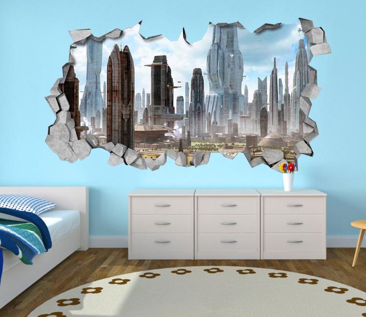 3D Wall Sticker Decals - 3D Wallpaper - 3D Futuristic City Wall Sticker - Coming through wall decal