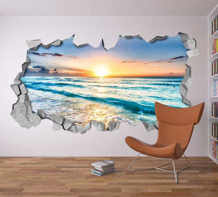 3D Wall Sticker Decals - 3D Wallpaper - 3D Ocean Beach View Wall Sticker - Coming through wall decal