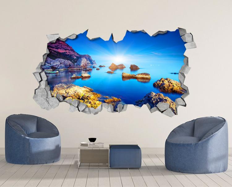 3D Wall Sticker Decals - 3D Wallpaper - 3D Calm Ocean Water View Wall Sticker - Coming through wall decal
