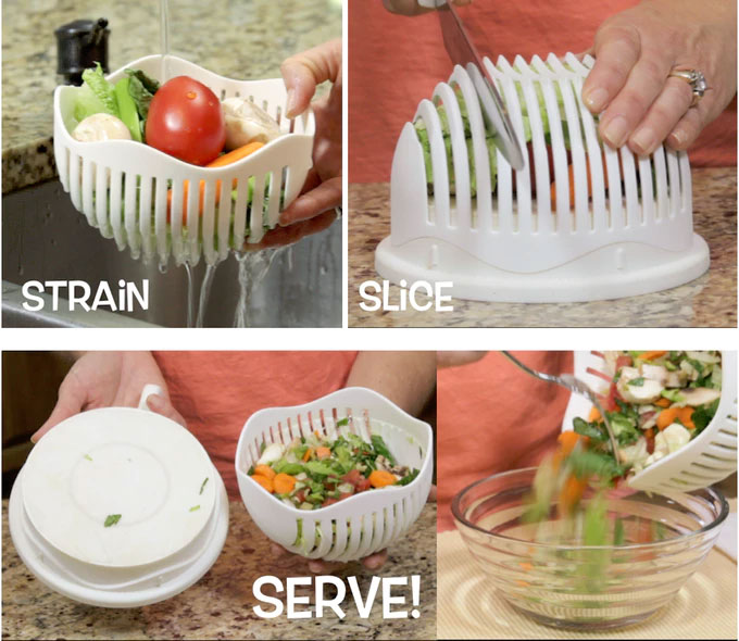 60 second salad maker - 3-in-1 salad maker - rinse, chop, and serve your salad with one device - Salad bowl with cutting slots
