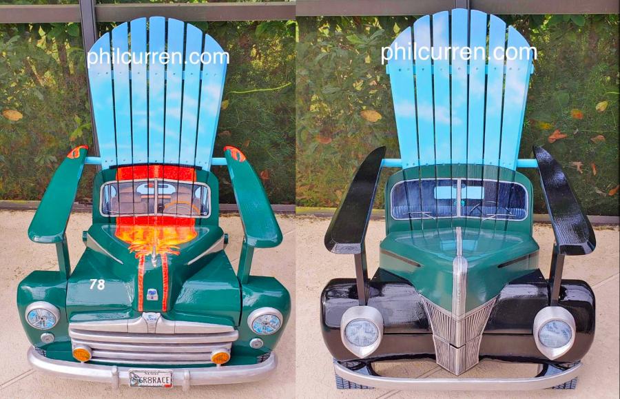 Custom Adirondack chairs made into classic cars and trucks made by artist Phil Curren