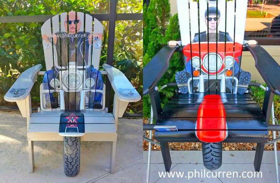 Custom Adirondack chairs made into classic cars and trucks made by artist Phil Curren