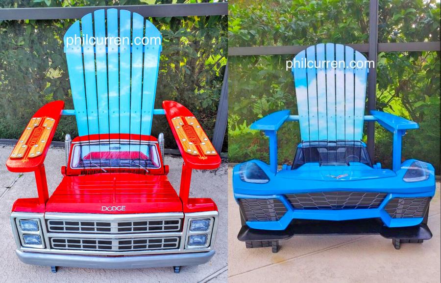 Custom Adirondack chairs made into classic cars and trucks made by artist Phil Curren
