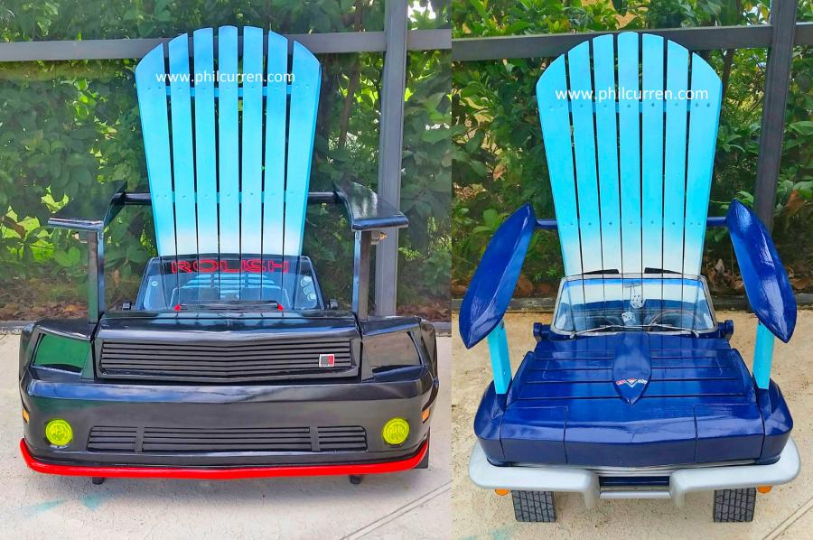 Custom Adirondack chairs made into classic cars and trucks made by artist Phil Curren