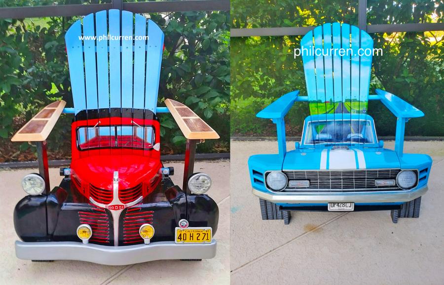 Custom Adirondack chairs made into classic cars and trucks made by artist Phil Curren