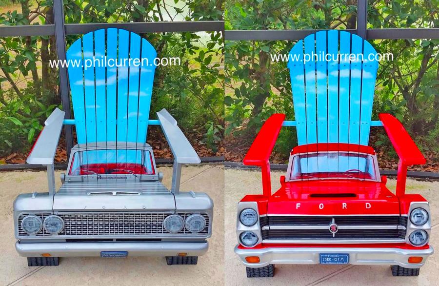 Custom Adirondack chairs made into classic cars and trucks made by artist Phil Curren