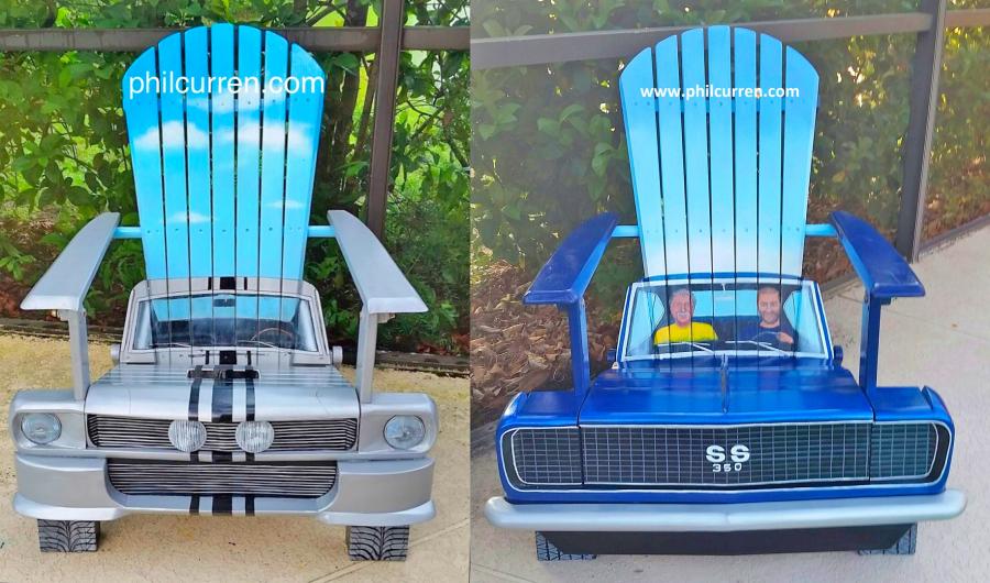Custom Adirondack chairs made into classic cars and trucks made by artist Phil Curren