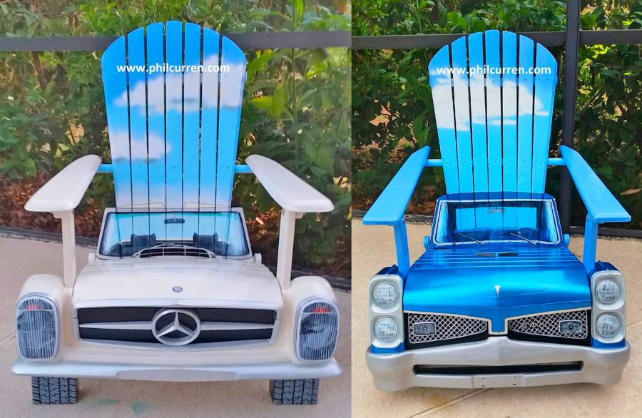 Custom Adirondack chairs made into classic cars and trucks made by artist Phil Curren