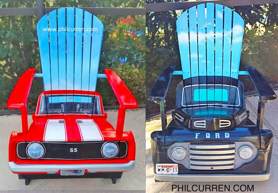 Custom Adirondack chairs made into classic cars and trucks made by artist Phil Curren