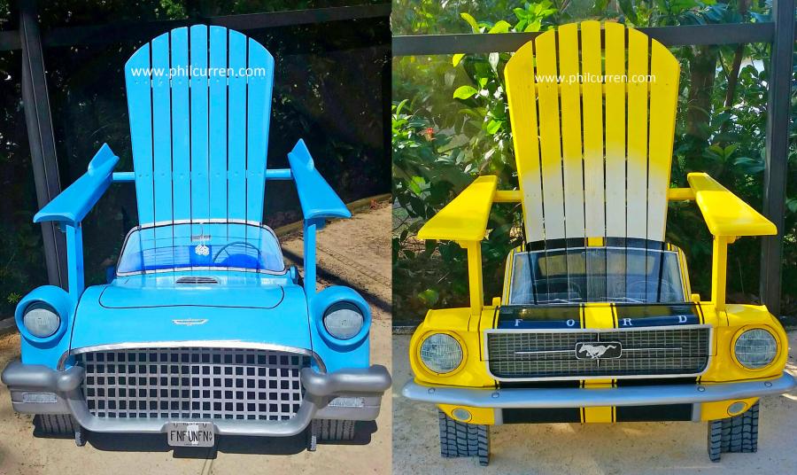 Custom Adirondack chairs made into classic cars and trucks made by artist Phil Curren