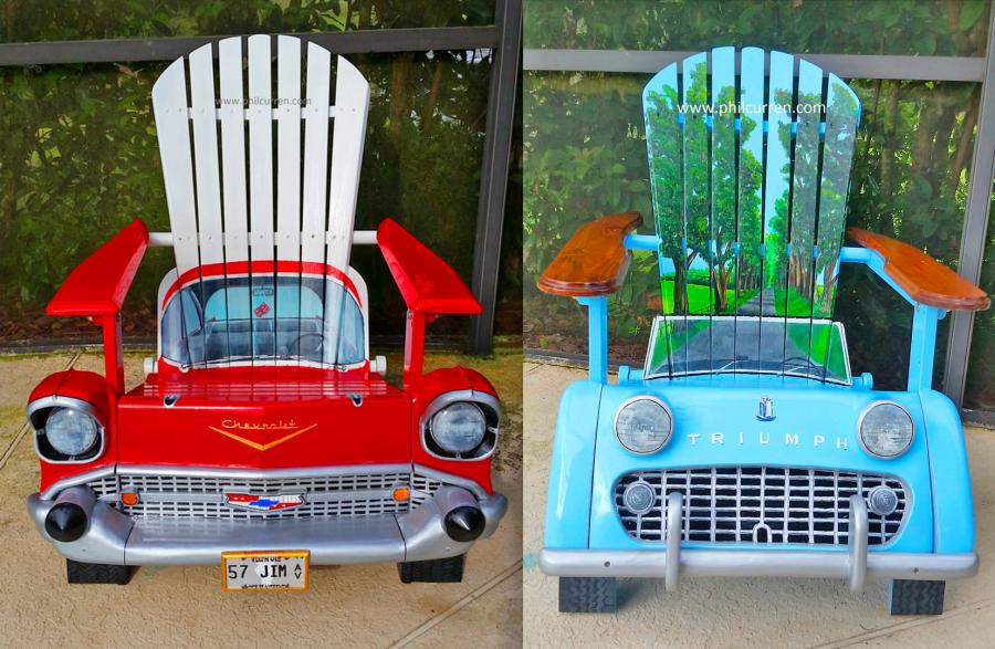 Custom Adirondack chairs made into classic cars and trucks made by artist Phil Curren