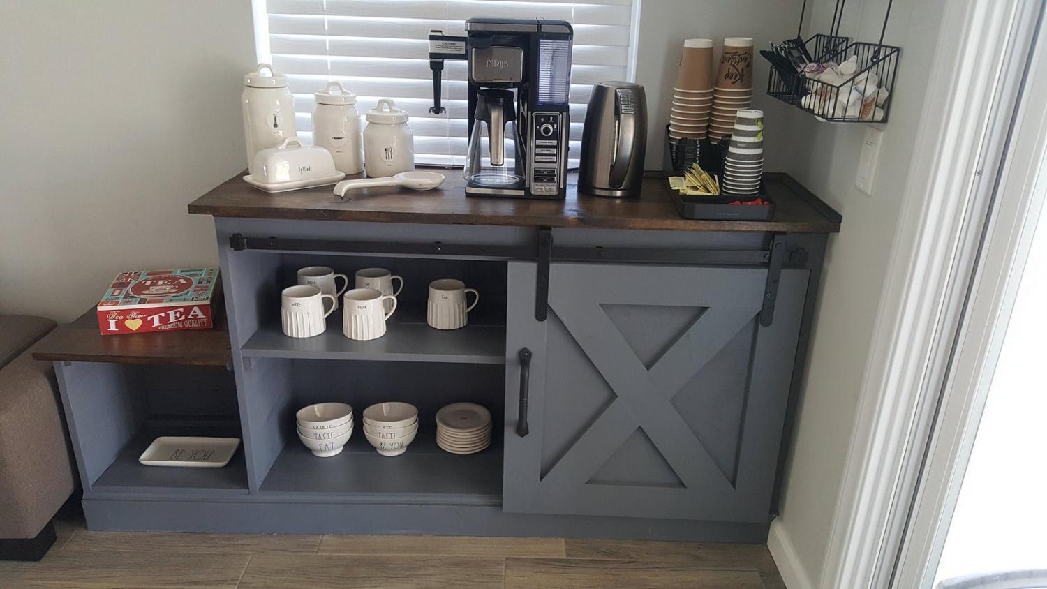 Barn Door Coffee Station - Rustic Barn Door Cabinet for farmhouse interior design