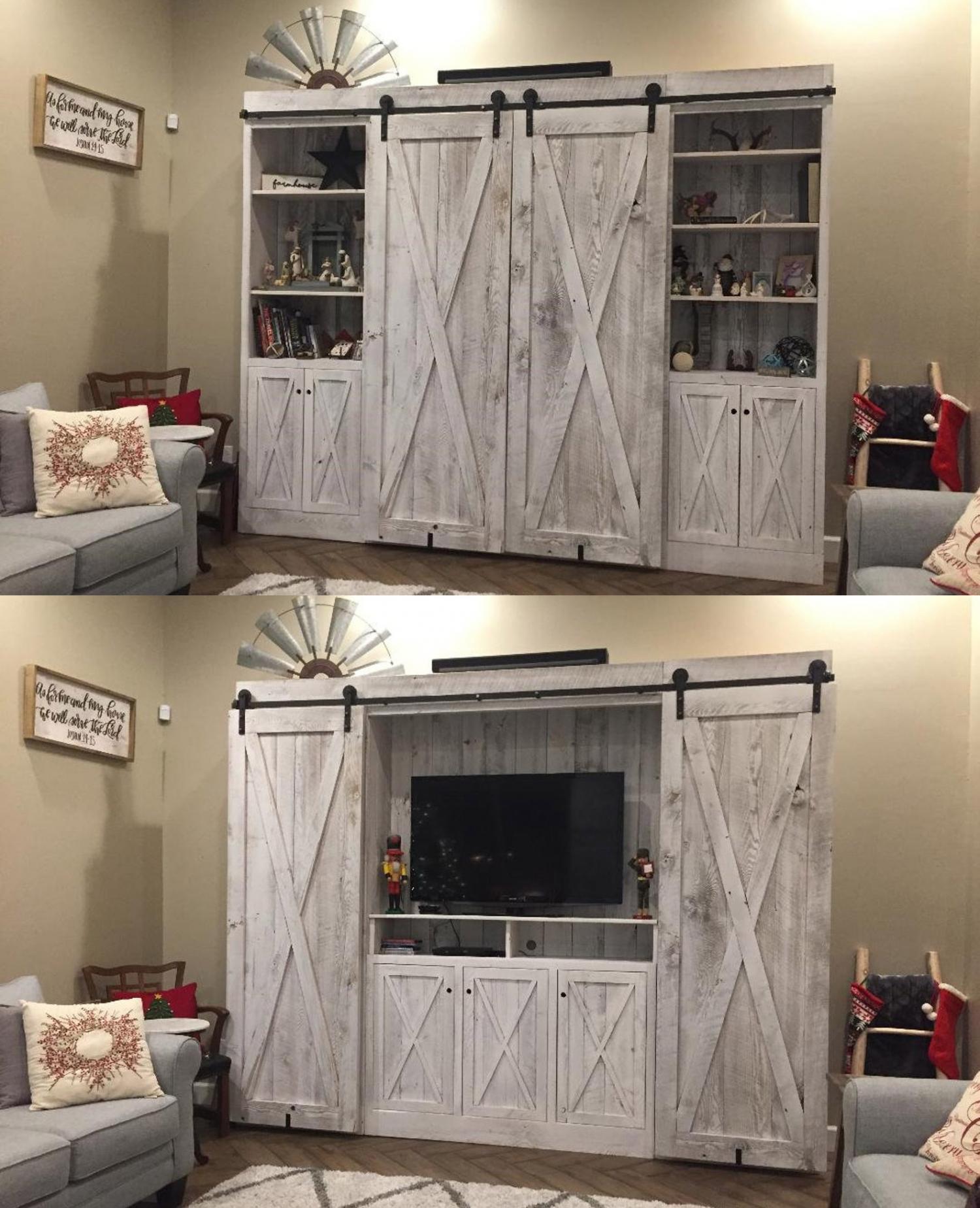 Barn Door Entertainment Center - Barn Door tv cover hider rustic farmhouse barn door design