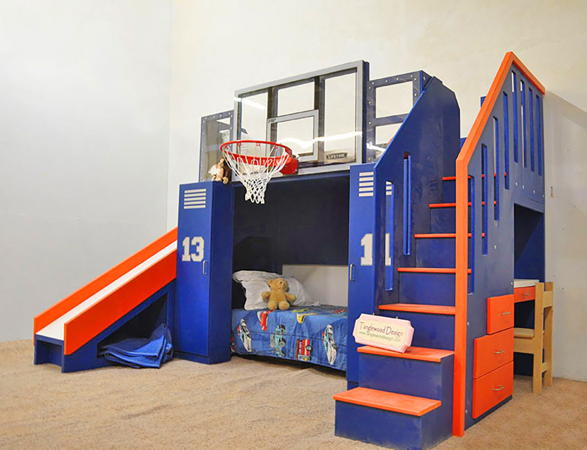 Basketball Hoop Bunk Bed With personalized Lockers and a slide