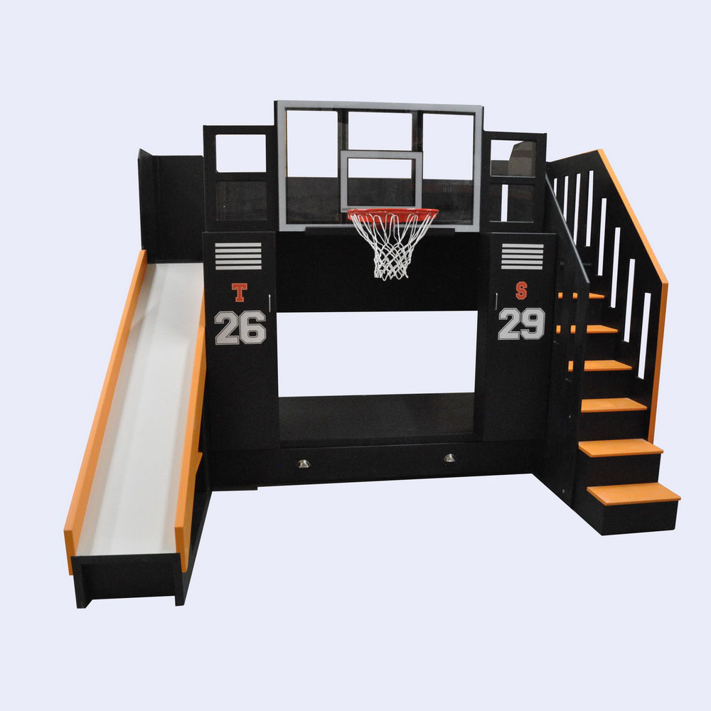 Basketball Hoop Bunk Bed With personalized Lockers and a slide