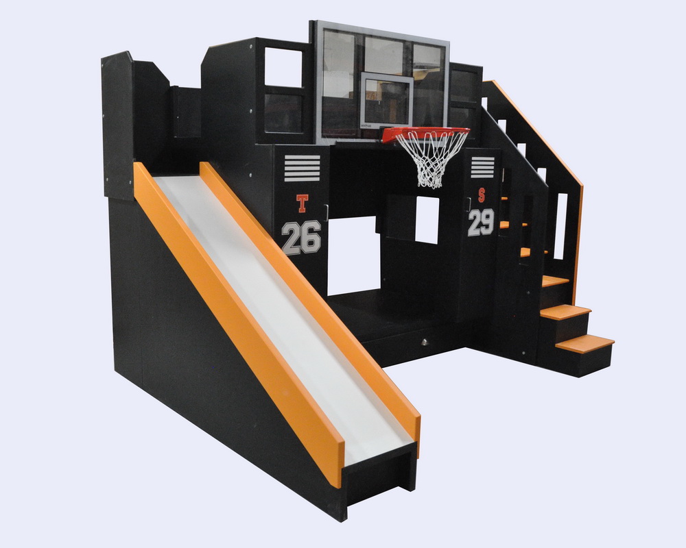Basketball Hoop Bunk Bed With personalized Lockers and a slide