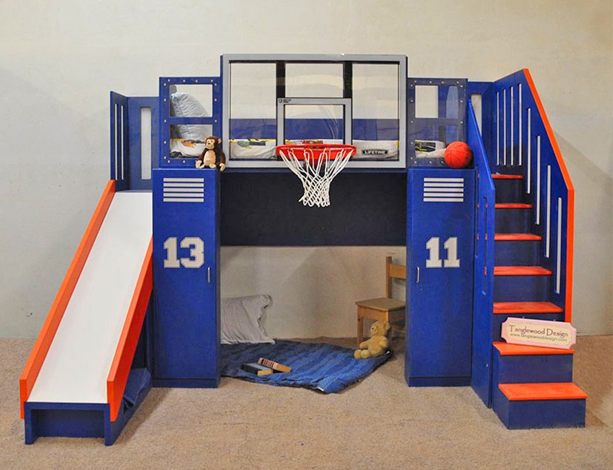 Basketball Hoop Bunk Bed With personalized Lockers and a slide