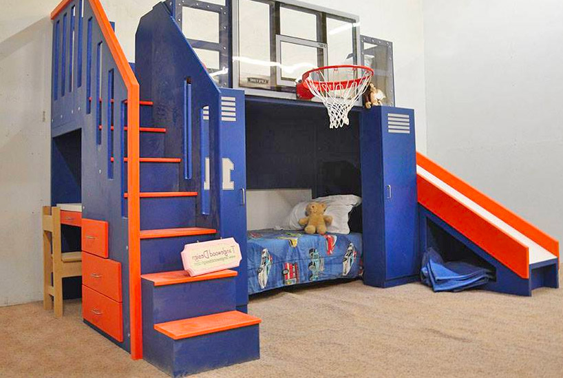 Basketball Hoop Bunk Bed With personalized Lockers and a slide