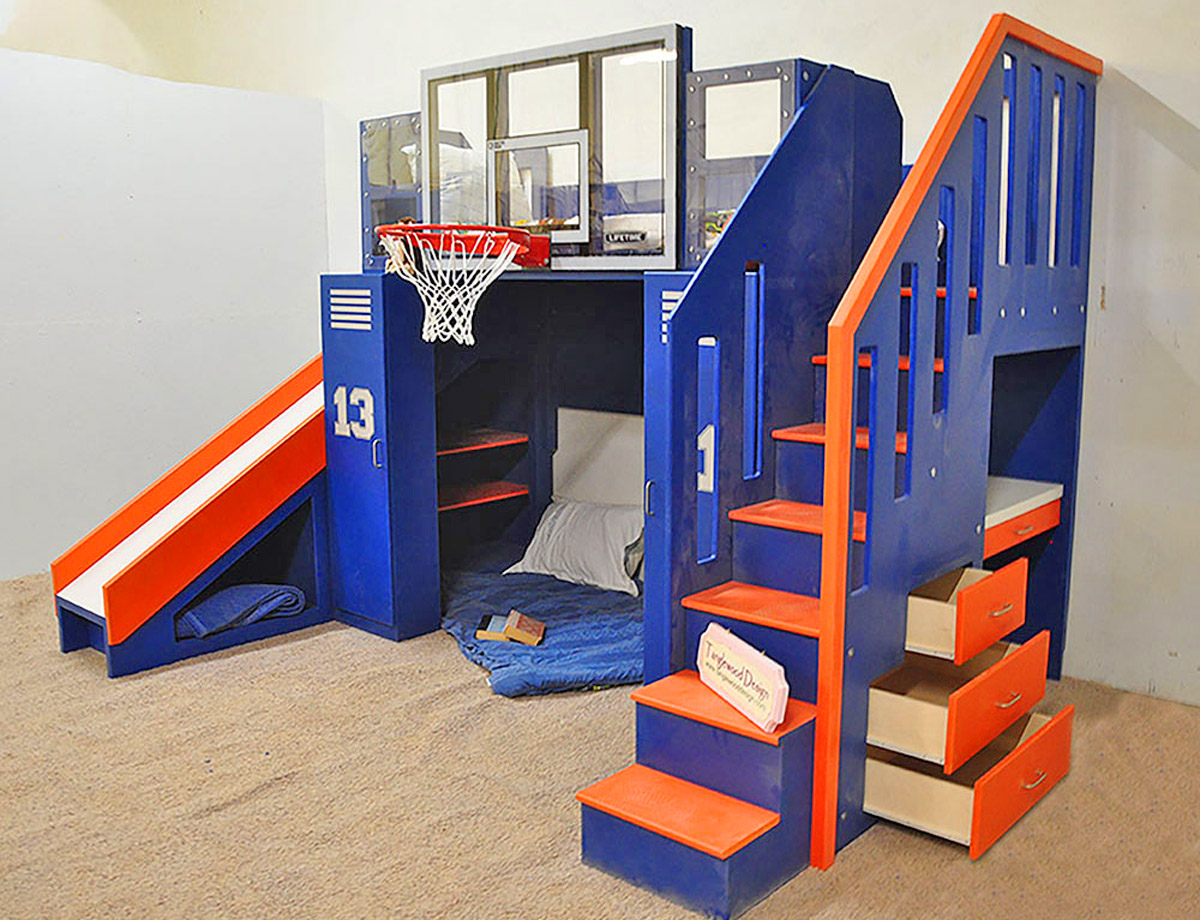 Basketball Hoop Bunk Bed With personalized Lockers and a slide