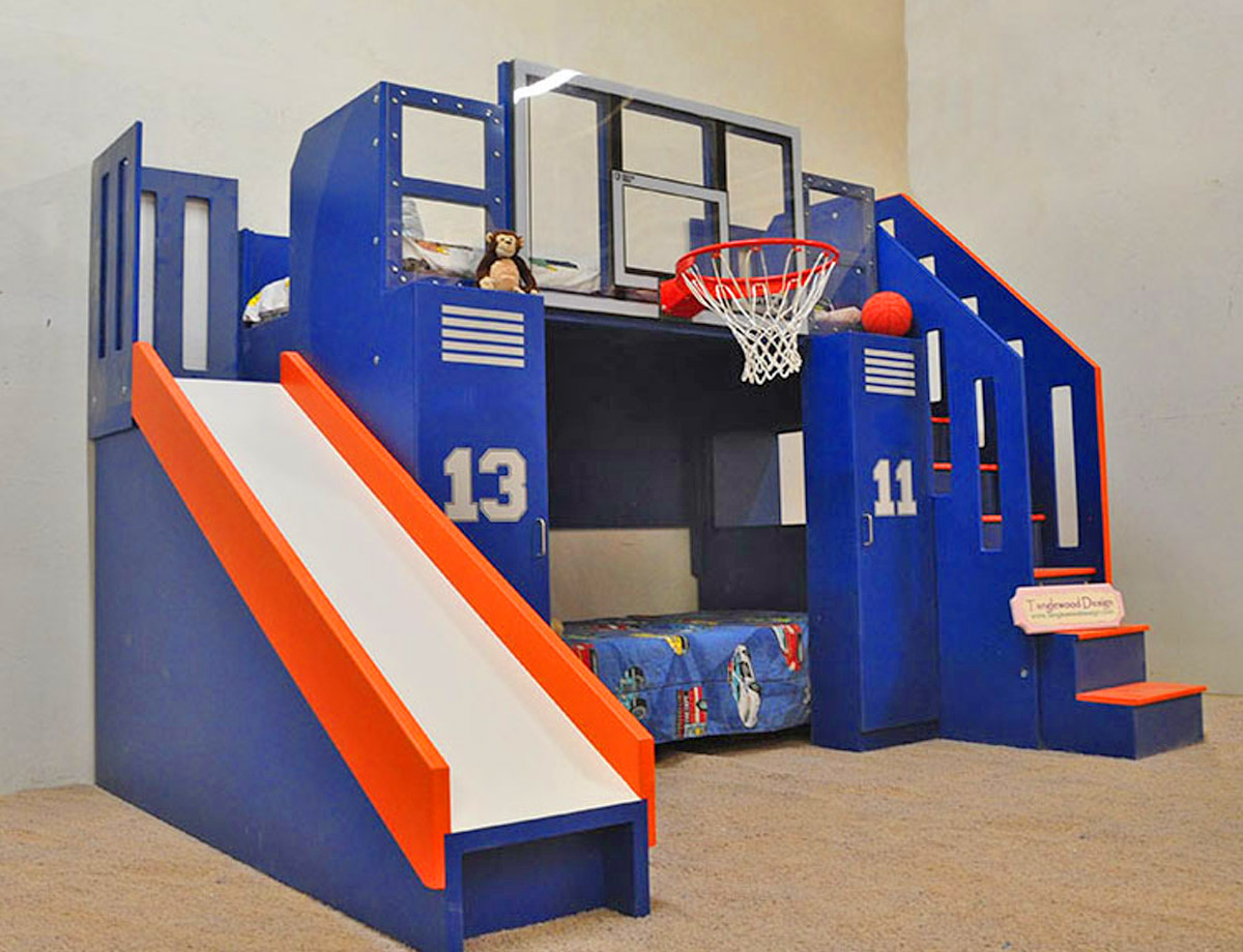 Basketball Hoop Bunk Bed With personalized Lockers and a slide