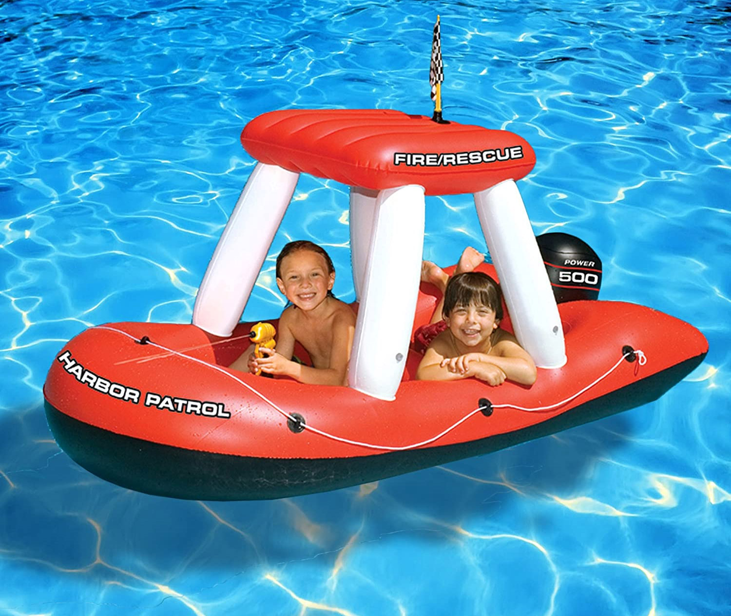 Inflatable pool float with integrated squirt guns - Pool toy with built-in water blaster