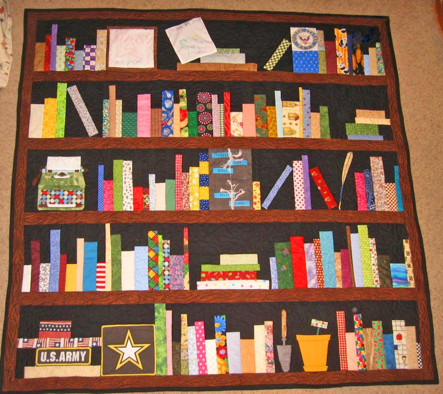 Custom Bookcase Quilt Customized With Your Favorite Books, Hobbies, and Family Photos