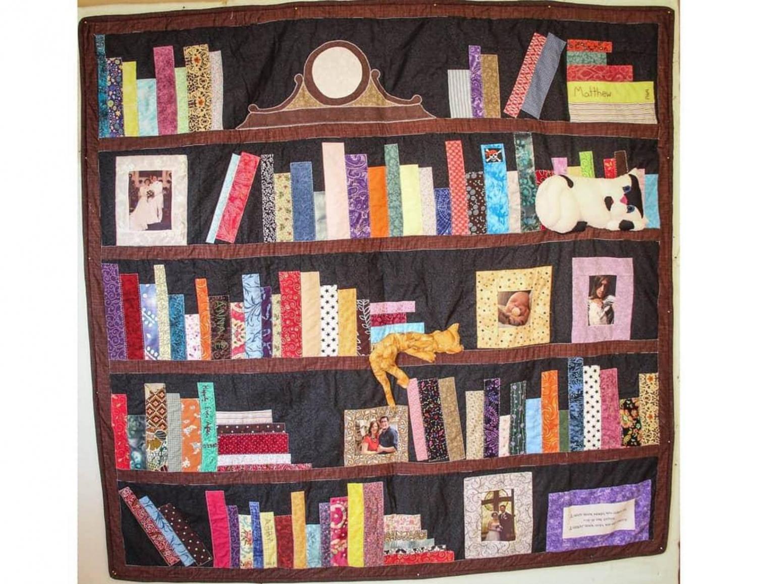 Custom Bookcase Quilt Customized With Your Favorite Books, Hobbies, and Family Photos