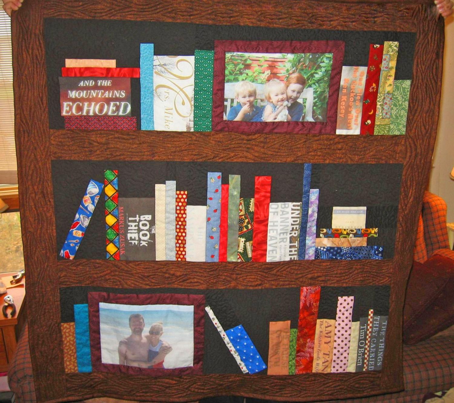 Custom Bookcase Quilt Customized With Your Favorite Books, Hobbies, and Family Photos