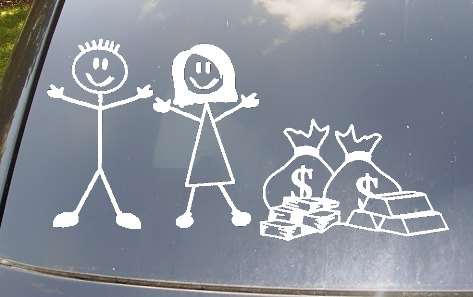No Kids Stick Figure Family With Bags of Cash