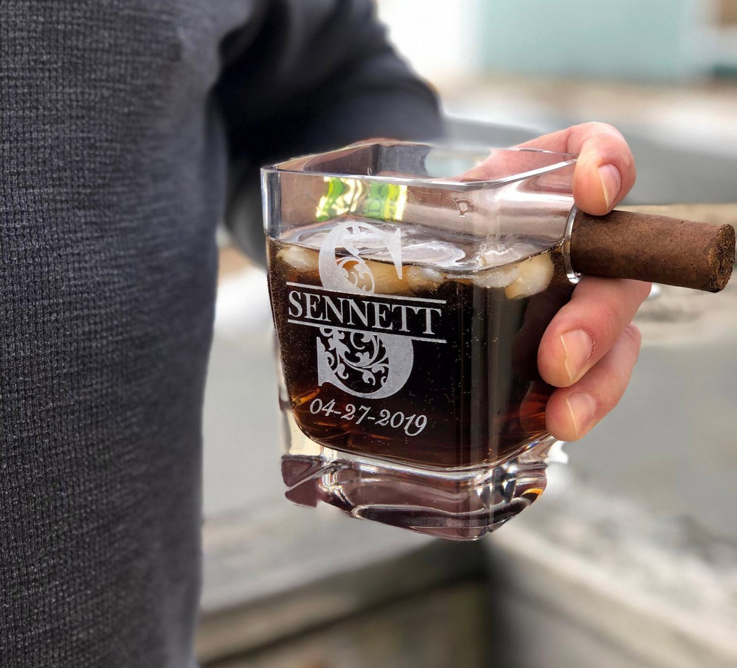 Cigar Holding Whiskey Glass - Scotch Glass Holds a Cigar on the side of it