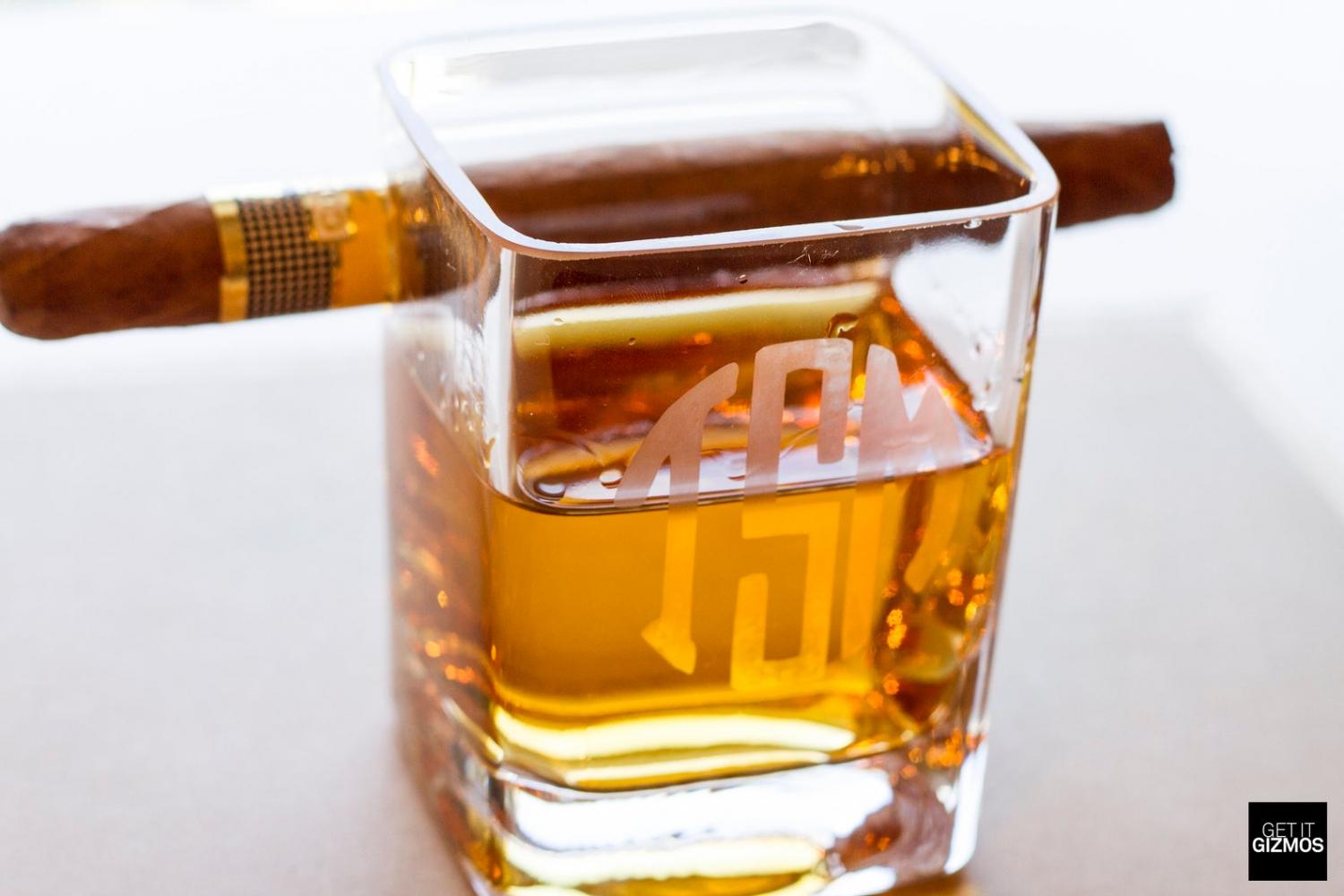 Cigar Holding Whiskey Glass - Scotch Glass Holds a Cigar on the side of it