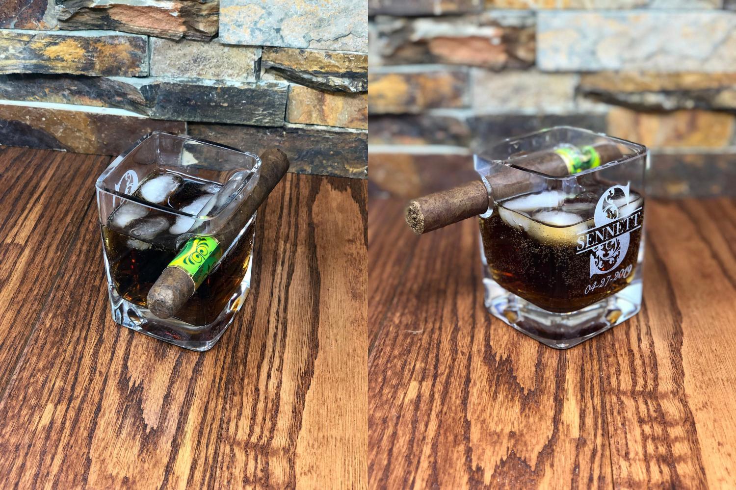 Cigar Holding Whiskey Glass - Scotch Glass Holds a Cigar on the side of it