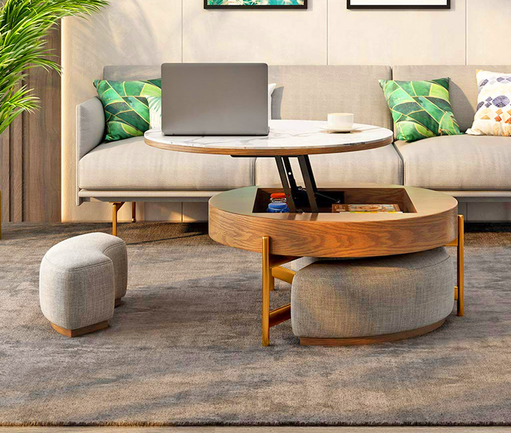 Amazing Rising Coffee Table Has 3 Integrated Ottomans That Hide Underneath It - Creative Round Coffee Table and Liftable Desk 3 stools underneath table