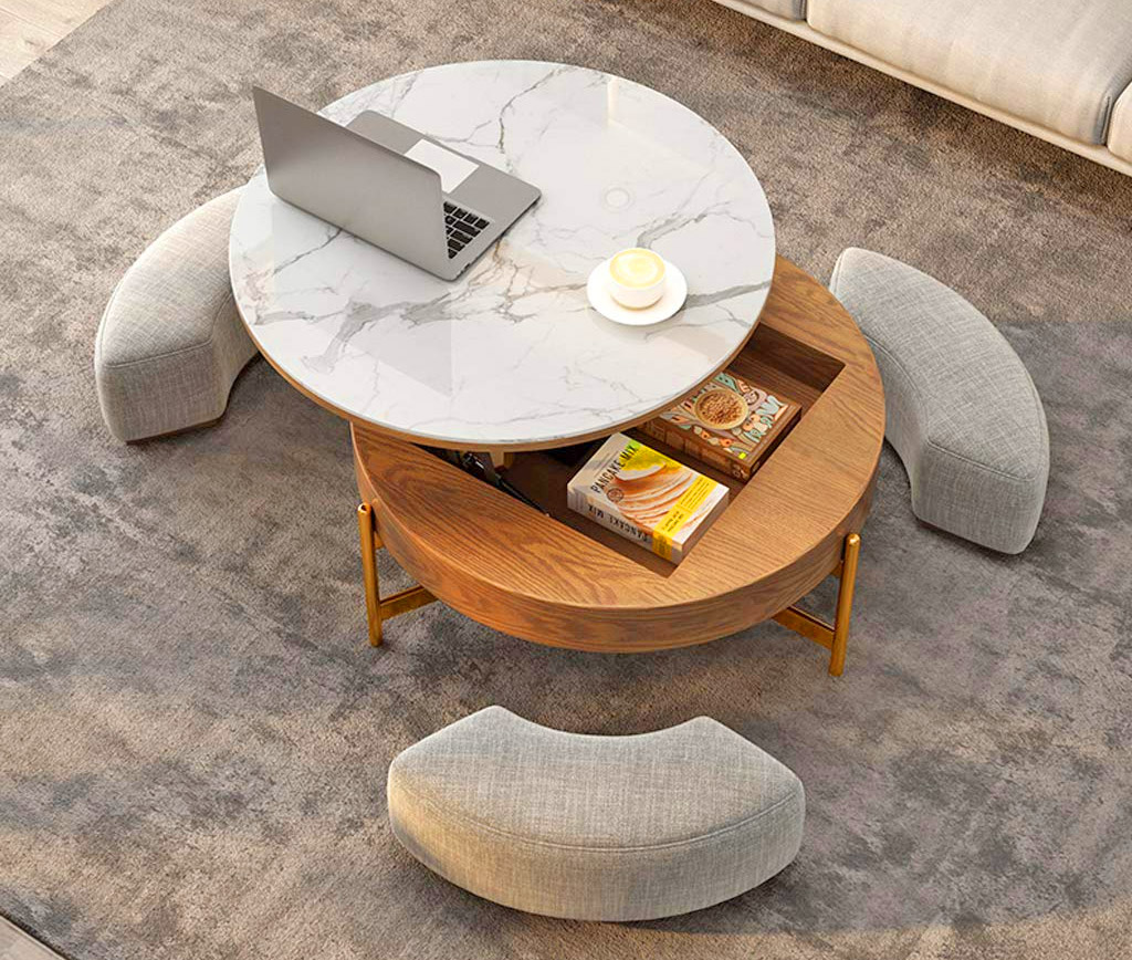Amazing Rising Coffee Table Has 3 Integrated Ottomans That Hide Underneath It - Creative Round Coffee Table and Liftable Desk 3 stools underneath table
