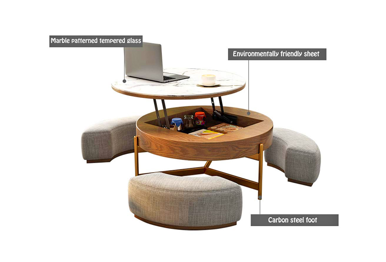 Amazing Rising Coffee Table Has 3 Integrated Ottomans That Hide Underneath It - Creative Round Coffee Table and Liftable Desk 3 stools underneath table