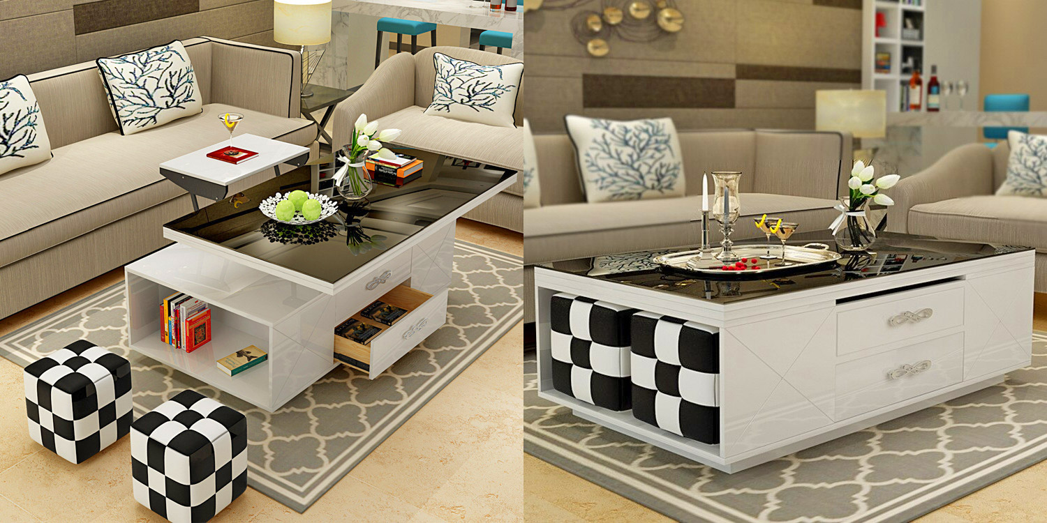 electronic coffee table that moves automatically converts from a coffee table to a work desk with the push of a button - hidden ottomans inside table