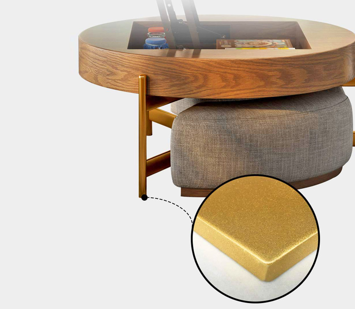Amazing Rising Coffee Table Has 3 Integrated Ottomans That Hide Underneath It - Creative Round Coffee Table and Liftable Desk 3 stools underneath table