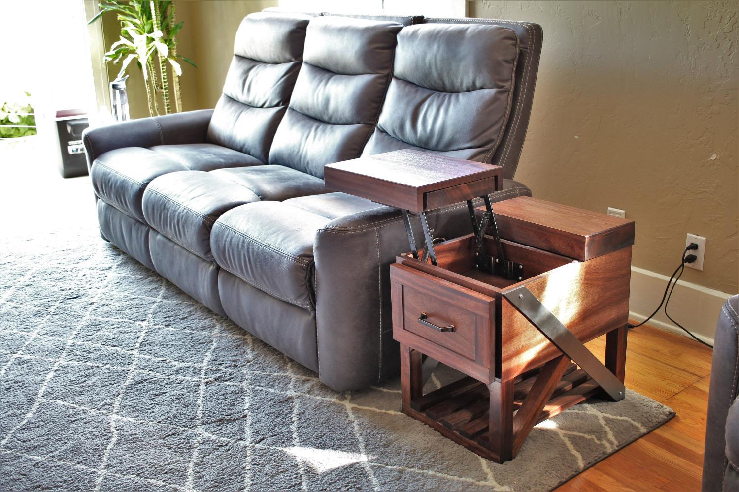 side table that has a liftable surface that moves to the side
