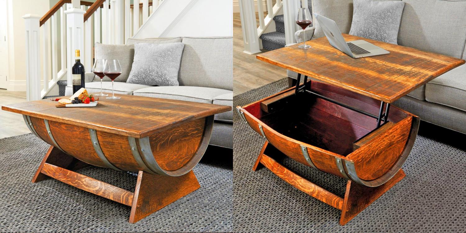 liftable table that's made from a reclaimed wine barrel