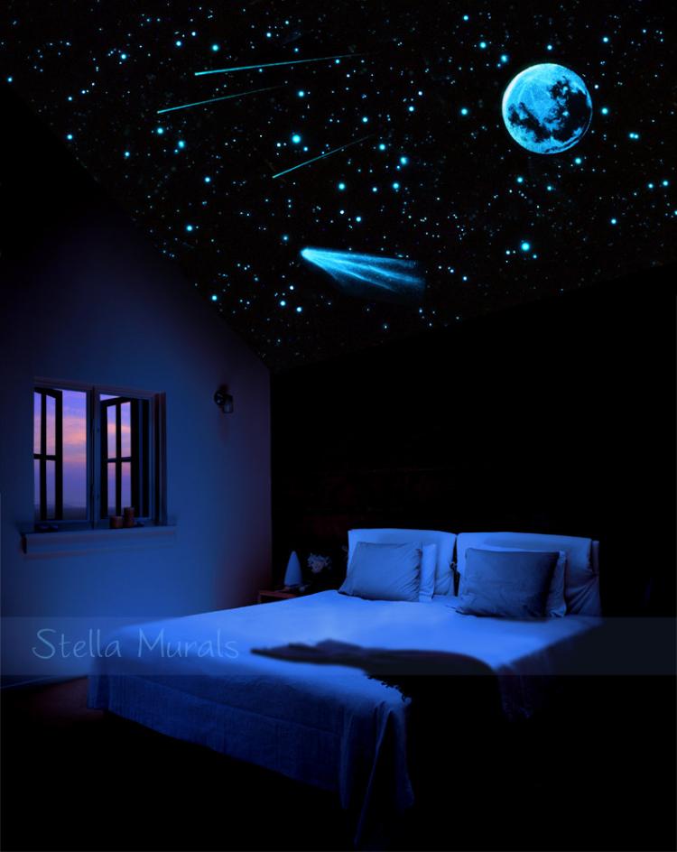 Glow In The Dark Shooting Comet With Stars and moon - Outer-space transparent ceiling mural poster