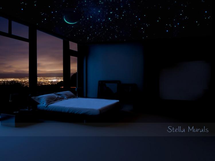 Glow In The Dark Shooting Comet With Stars and crescent moon - Outer-space transparent ceiling mural poster